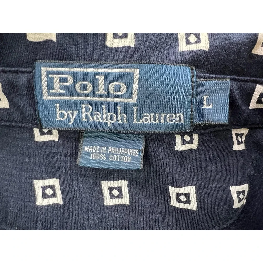 Polo Ralph Lauren Mens Large Blue Geometric Cotton Jersey Knit Polo Shirt